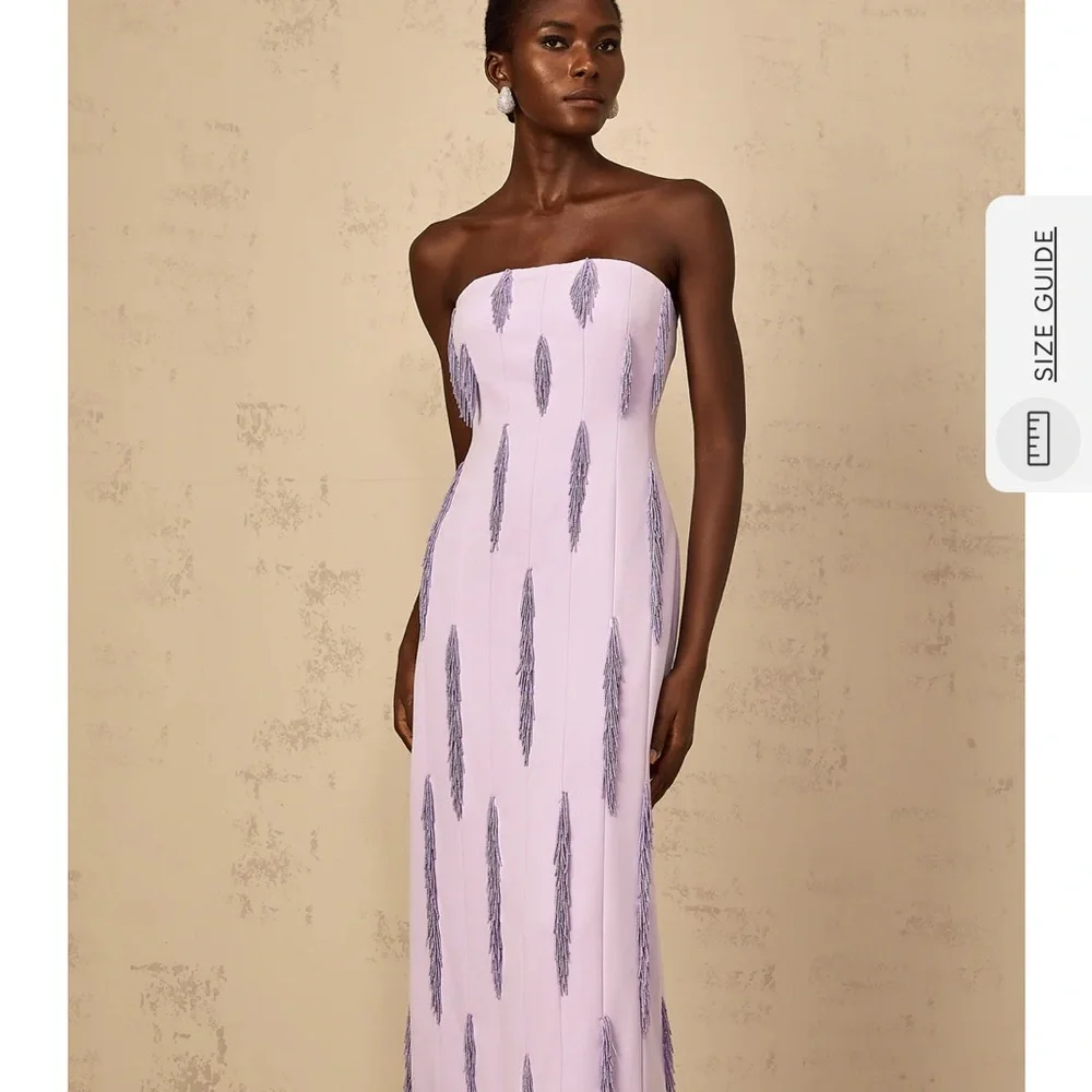 Strapless Lilac Evening Gown with Metallic Feather Accents - Picture 1 of 3